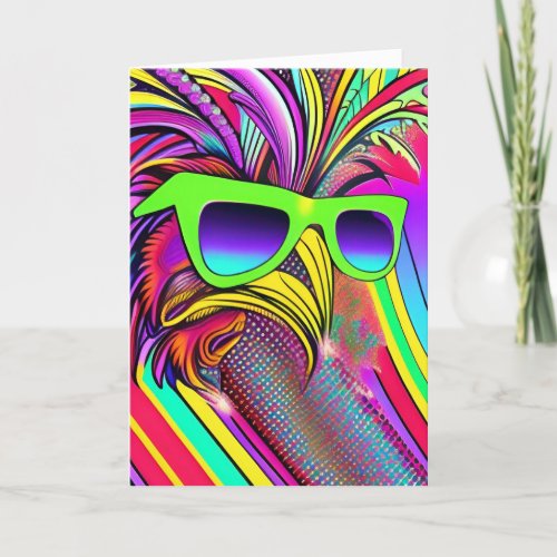 Retro Trippy Psychedelic Hippie Groovy Rooster Hol Holiday Card