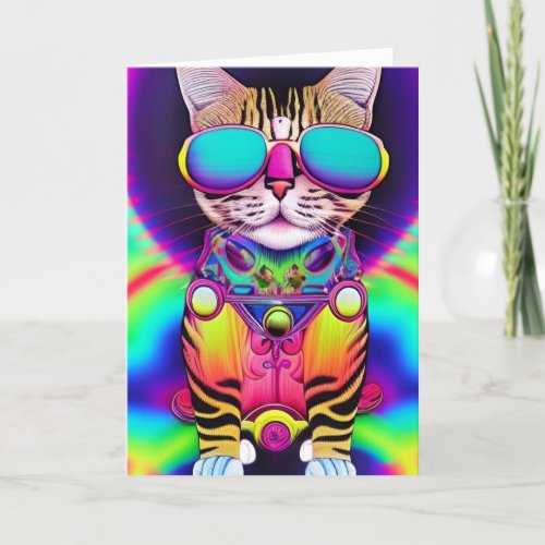 Retro Trippy Psychedelic Hippie Groovy Tiger Cat Holiday Card