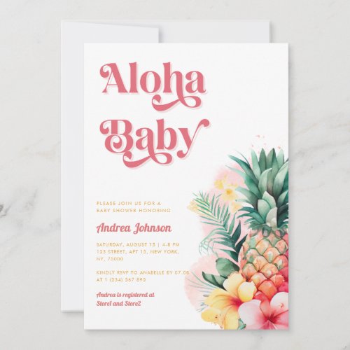 Retro Tropical Aloha Pineapple Pink Baby Shower Invitation
