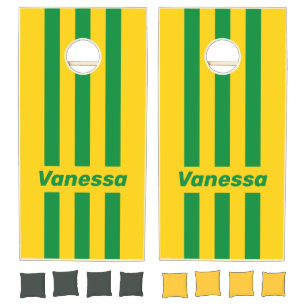 Retro Tropical Banana Three Pin Striped with Name Cornhole Set