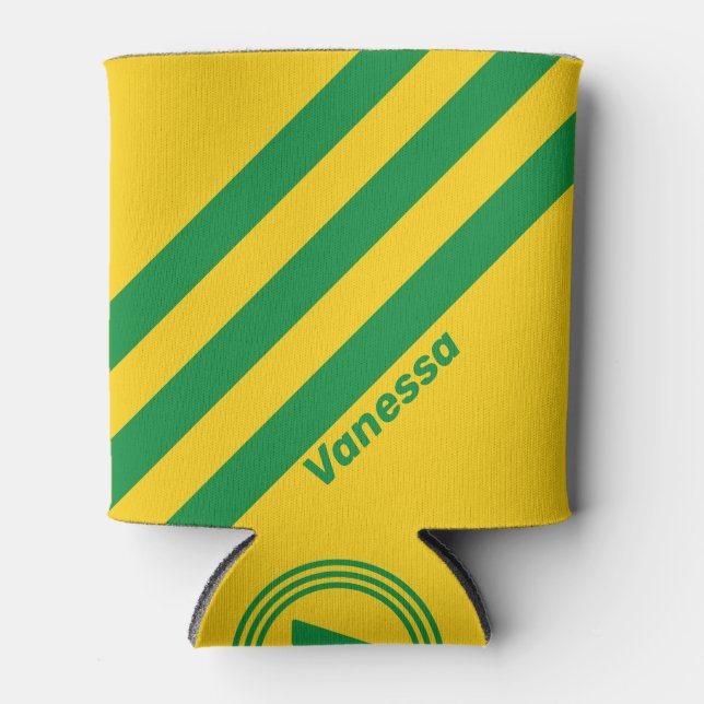 Retro Tropical Banana Three Stripes with Name Can Cooler (Front)