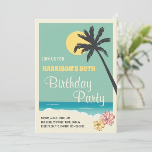 Retro Tropical Beach Adult Birthday Party Invitation