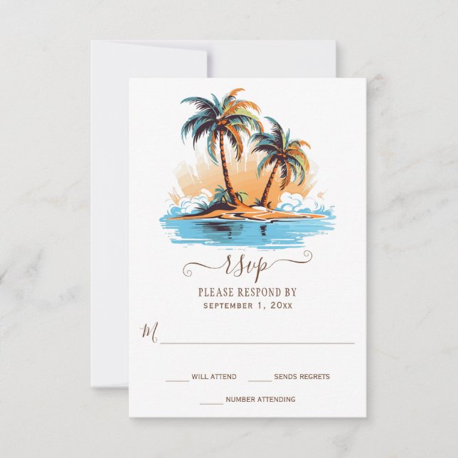 Retro Tropical Beach Destination Wedding RSVP Card (Front)