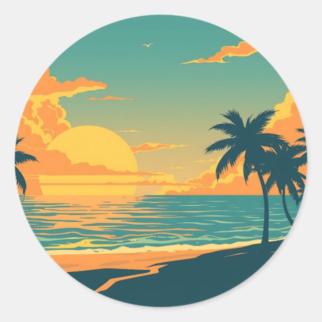 Retro Tropical Beach Sunset Classic Round Sticker (Front)
