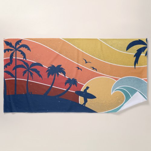 Retro Tropical Beach Surfing Surfer Palm Trees Beach Towel