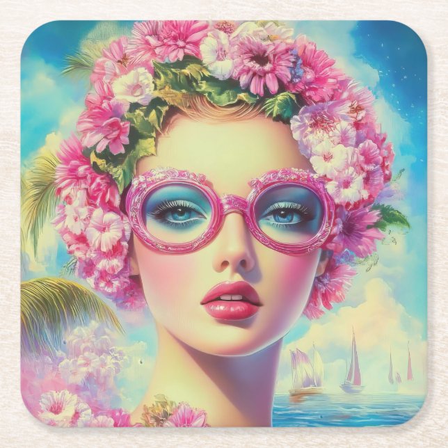 Retro Tropical Beauty  Square Paper Coaster (Front)