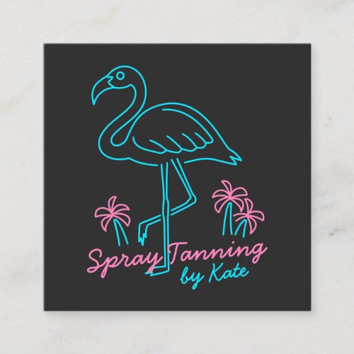 Retro tropical blue flamingo palm trees lineart square business card