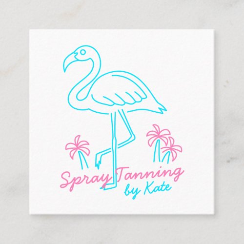 Retro tropical blue flamingo palm trees lineart square business card