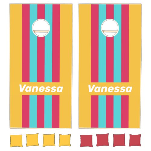 Retro Tropical Breeze Pin Striped with Name Cornhole Set