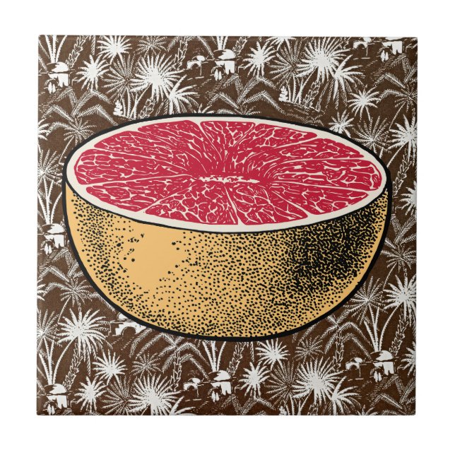 Retro Tropical Charm - Grapefruit Vintage Art  Ceramic Tile (Front)