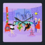 Retro Tropical Christmas Party Wall Clock<br><div class="desc">This Retro Tropical Christmas Party Wall Clock is festive enough to brighten anyone's holiday outlook! The cartoon design features the type of wildly sophisticated holiday party that is normally only seen in Christmas movies from the 1960s. There is a mid century modern living room filled with partygoers enjoying the swanky,...</div>