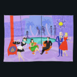 Retro Tropical Cocktail Party Kitchen Towel<br><div class="desc">This Retro Tropical Cocktail Party Kitchen Towel is intoxicating in its detail. The cartoon design features the type of wildly sophisticated cocktail party that is normally only seen in movies from the 1960s. There is a mid century modern living room filled with partygoers enjoying the swanky, purple decor. A lovely...</div>