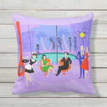 Retro Tropical Cocktail Party Outdoor Pillow<br><div class="desc">This Retro Tropical Cocktail Party Outdoor Pillow is intoxicating in its detail. The cartoon design features the type of wildly sophisticated cocktail party that is normally only seen in movies from the 1960s. There is a mid century modern living room filled with partygoers enjoying the swanky, purple decor. A lovely...</div>