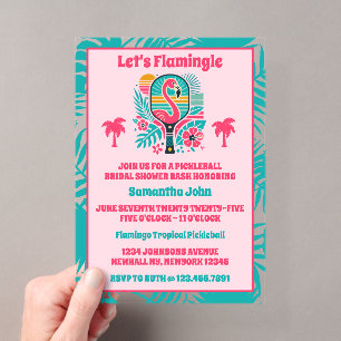 Retro Tropical Flamingo Pickleball Bridal Shower Acrylic Invitations