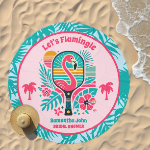 Retro Tropical Flamingo Pickleball Bridal Shower Beach Towel