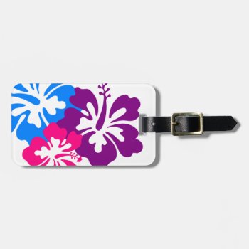 Retro Tropical Flowers Pink Blue & Purple Luggage Tag by RetroZone at Zazzle