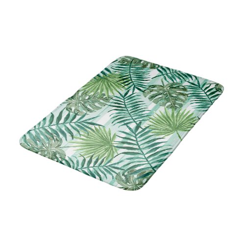 Retro Tropical Green Palm Leaves Pattern Bath Mat