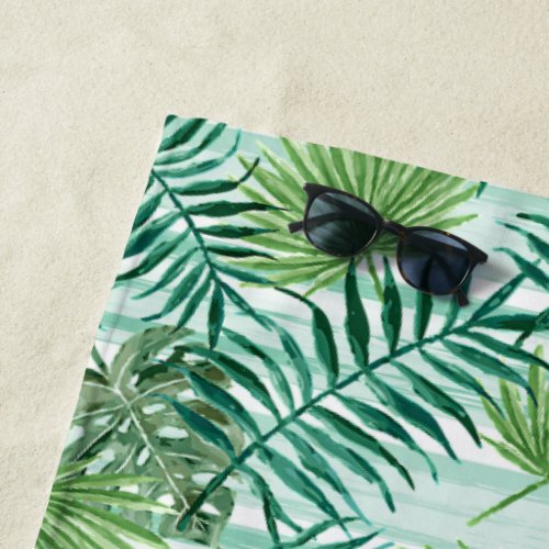 Retro Tropical Green Palm Leaves Pattern Beach Towel