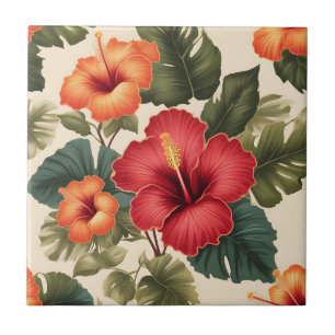 Retro Tropical Hibiscus Flowers Ceramic Tile