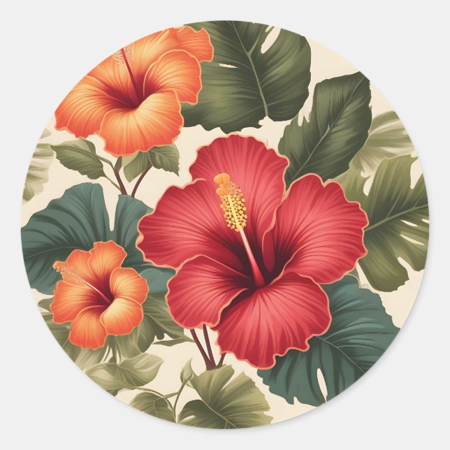 Retro Tropical Hibiscus Flowers Classic Round Sticker (Front)