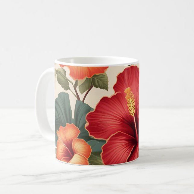 Retro Tropical Hibiscus Flowers Coffee Mug (Front Left)