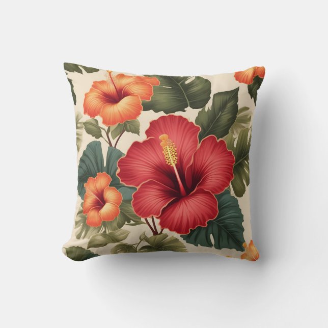 Retro Tropical Hibiscus Flowers Throw Pillow (Front)
