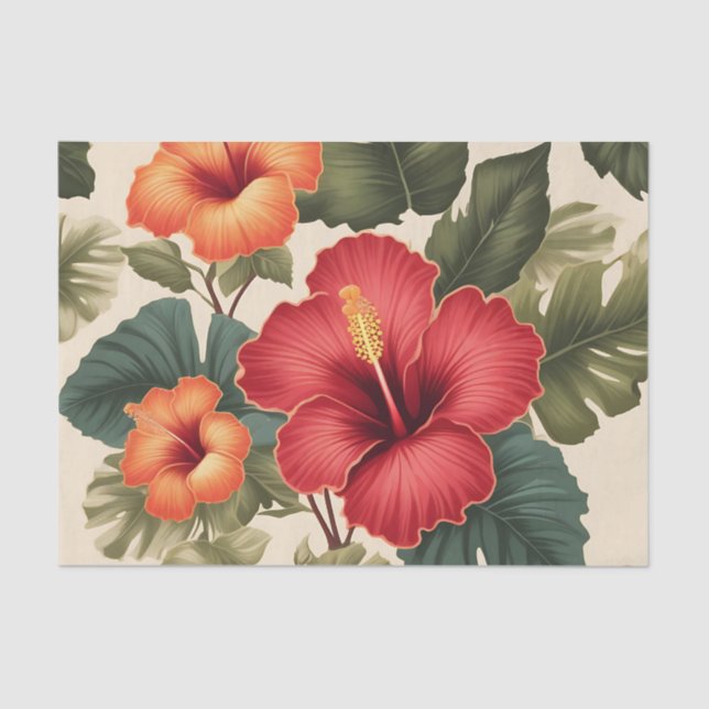 Retro Tropical Hibiscus Flowers Tissue Paper (Front)