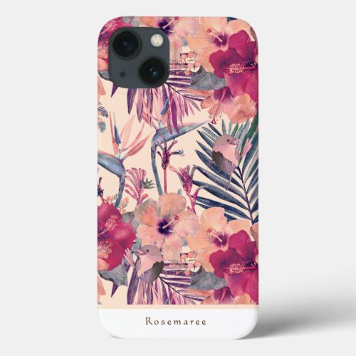 Retro Tropical Hibiscus Wren Pattern iPhone 13 Case
