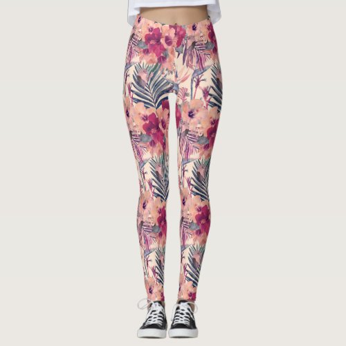 Retro Tropical Hibiscus Wren Pattern Leggings