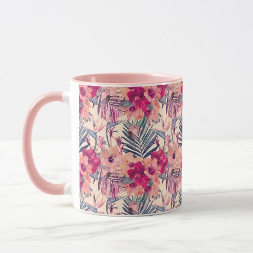 Retro Tropical Hibiscus Wren Pattern Mug