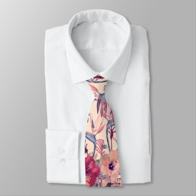 Retro Tropical Hibiscus Wren Pattern  Neck Tie (Tied)