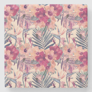Retro Tropical Hibiscus Wren Pattern Stone Coaster