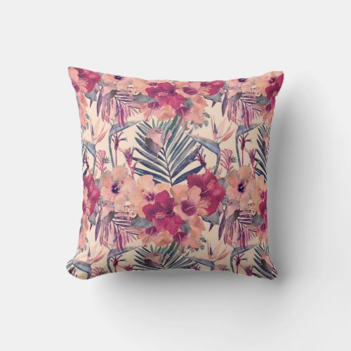 Retro Tropical Hibiscus Wren Pattern Throw Pillow