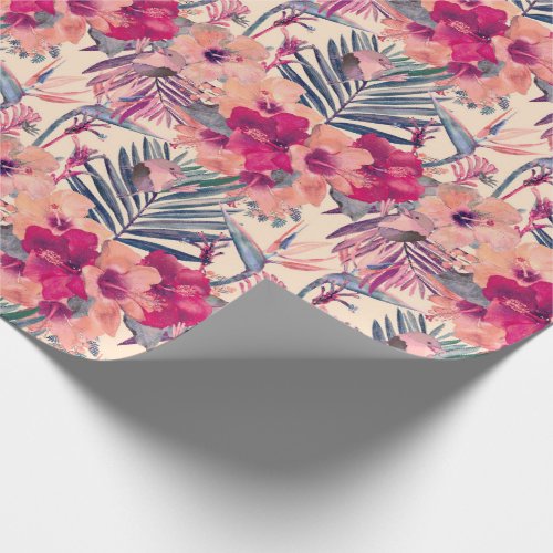 Retro Tropical Hibiscus Wren Pattern Wrapping Paper