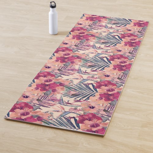 Retro Tropical Hibiscus Wren Pattern  Yoga Mat