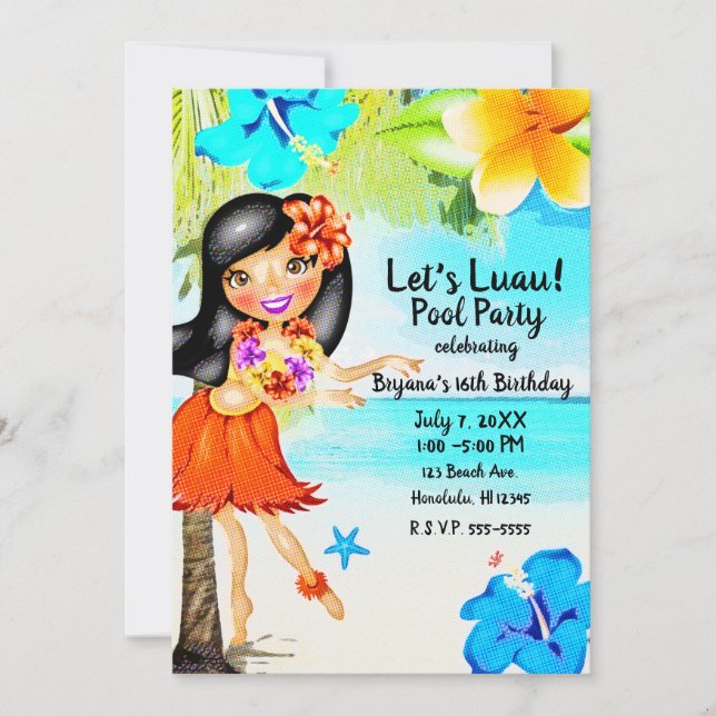 Retro Tropical Hula Girl Luau Beach Party Birthday Invitation (Front)