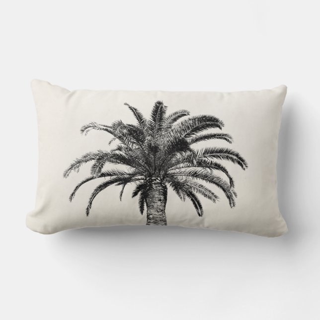 Retro Tropical Island Palm Tree in Black and White Lumbar Pillow (Front)