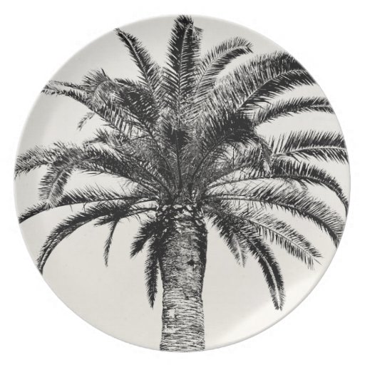 Retro Tropical Island Palm Tree in Black and White Plate | Zazzle