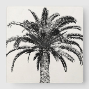 Retro Tropical Island Palm Tree in Black and White Square Wall Clock