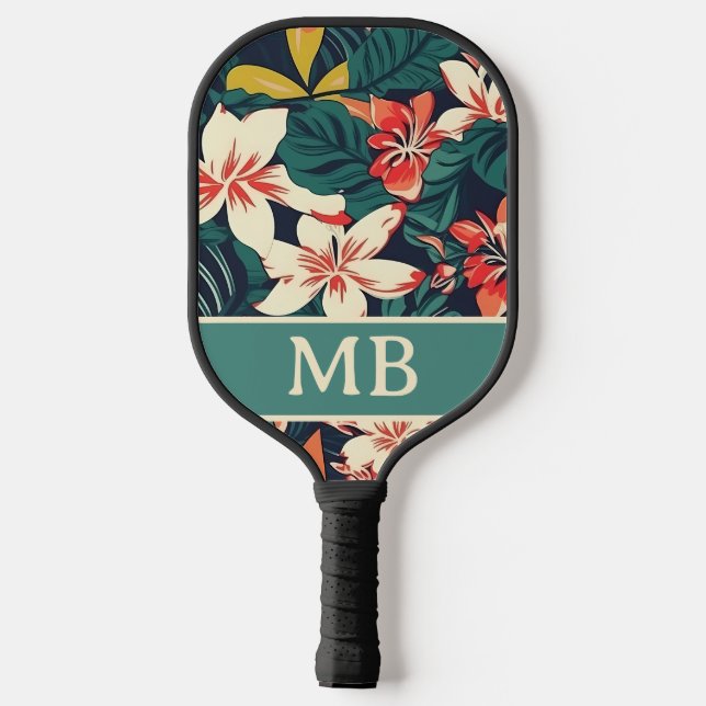 Retro Tropical Leaves Flowers Monogram Initials Pickleball Paddle (Back)