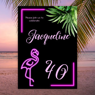 Retro tropical neon pink flamingo 40th birthday invitation