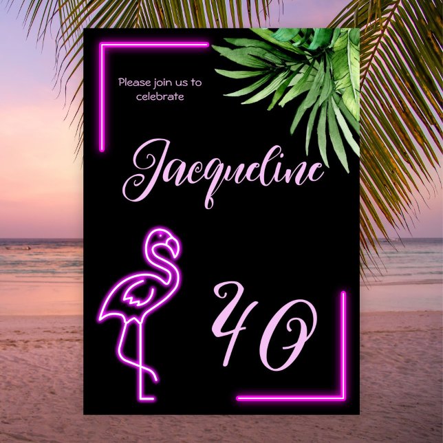 Retro tropical neon pink flamingo 40th birthday invitation (Creator Uploaded)