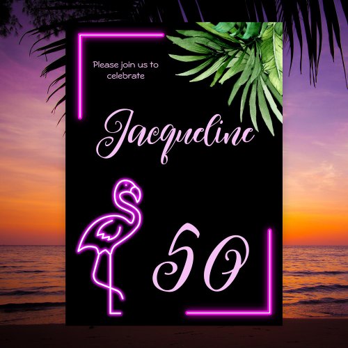 Retro tropical neon pink flamingo 50th birthday invitation