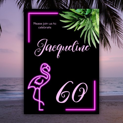 Retro tropical neon pink flamingo 60th birthday invitation