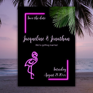 Retro Tropical Neon Pink Flamingo Save The Date Invitation