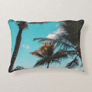 RETRO TROPICAL PALM TREE BY THE BEACH ACCENT PILLOW