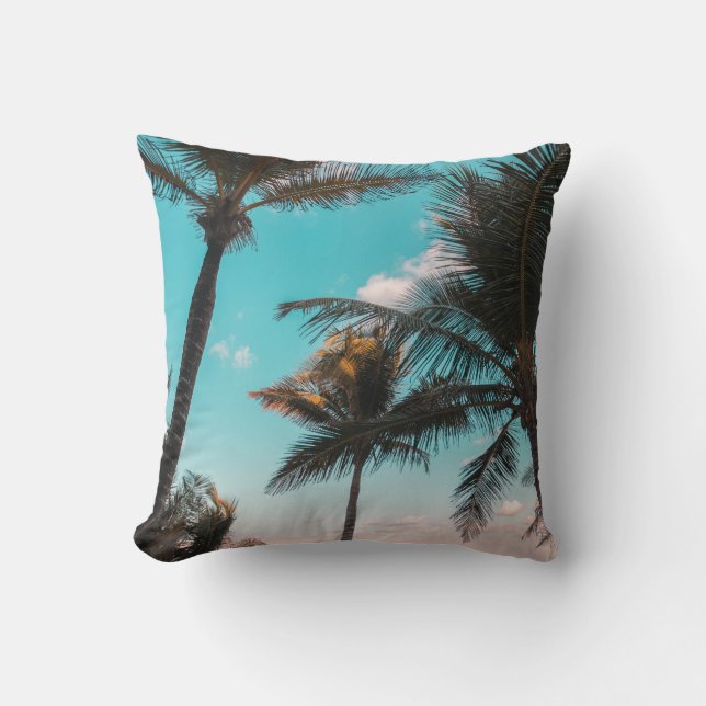 RETRO TROPICAL PALM TREE BY THE BEACH THROW PILLOW (Front)