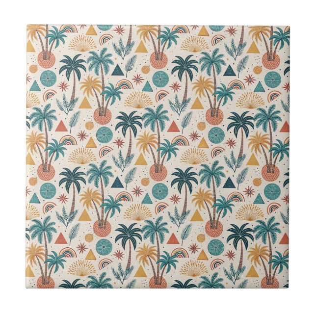 Retro Tropical Palm Tree & Geometric Sun Pattern Ceramic Tile (Front)