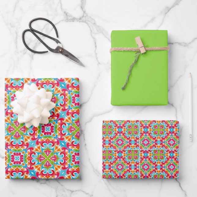 Retro Tropical Pattern in Fuchsia, Aqua, Lime... Wrapping Paper Sheets (Front)