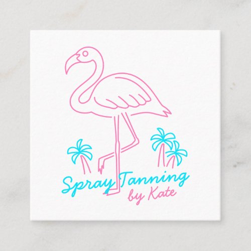 Retro tropical pink flamingo palm trees lineart square business card